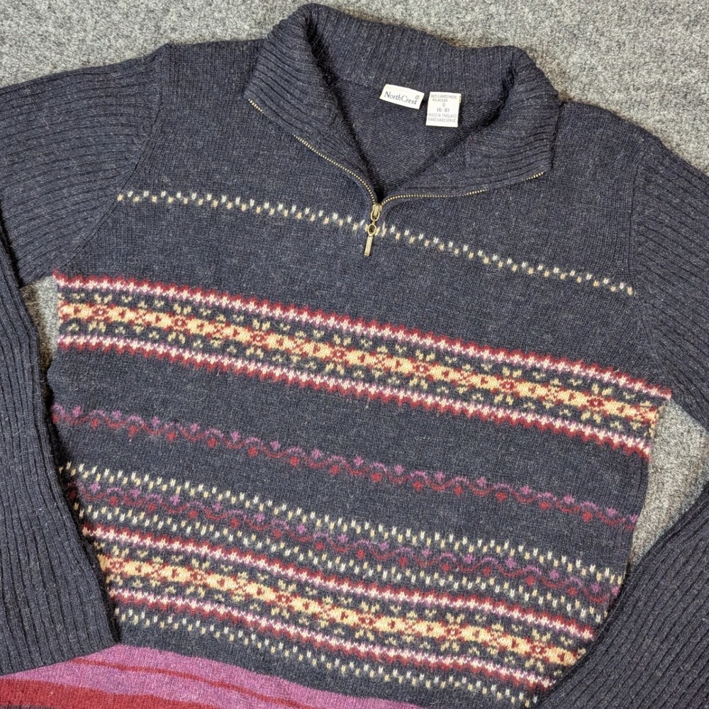 NorthCrest Womens Small Lambswool Fair Isle Quarter Zip Sweater Charcoal Gray